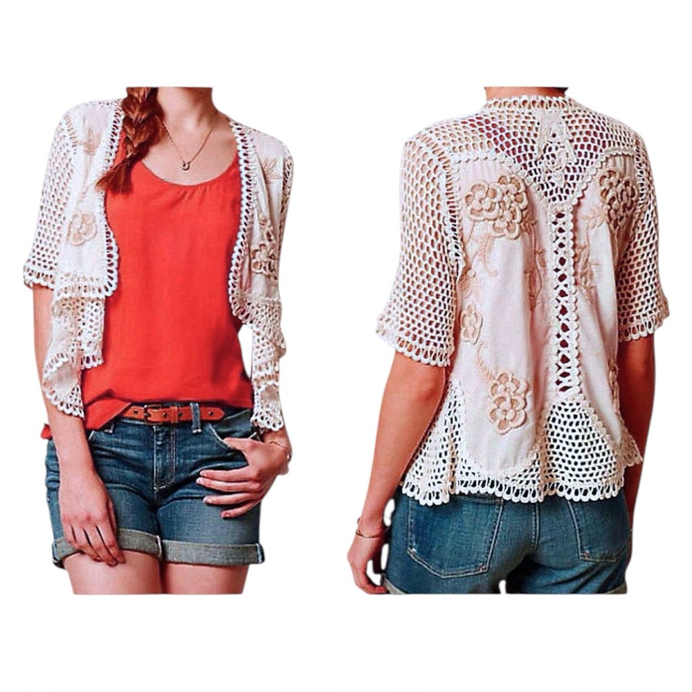 $198 Anthroologie Clemente Cardigan Small 2 4 Ivory Hand Knit Details Crochet - Picture 1 of 13